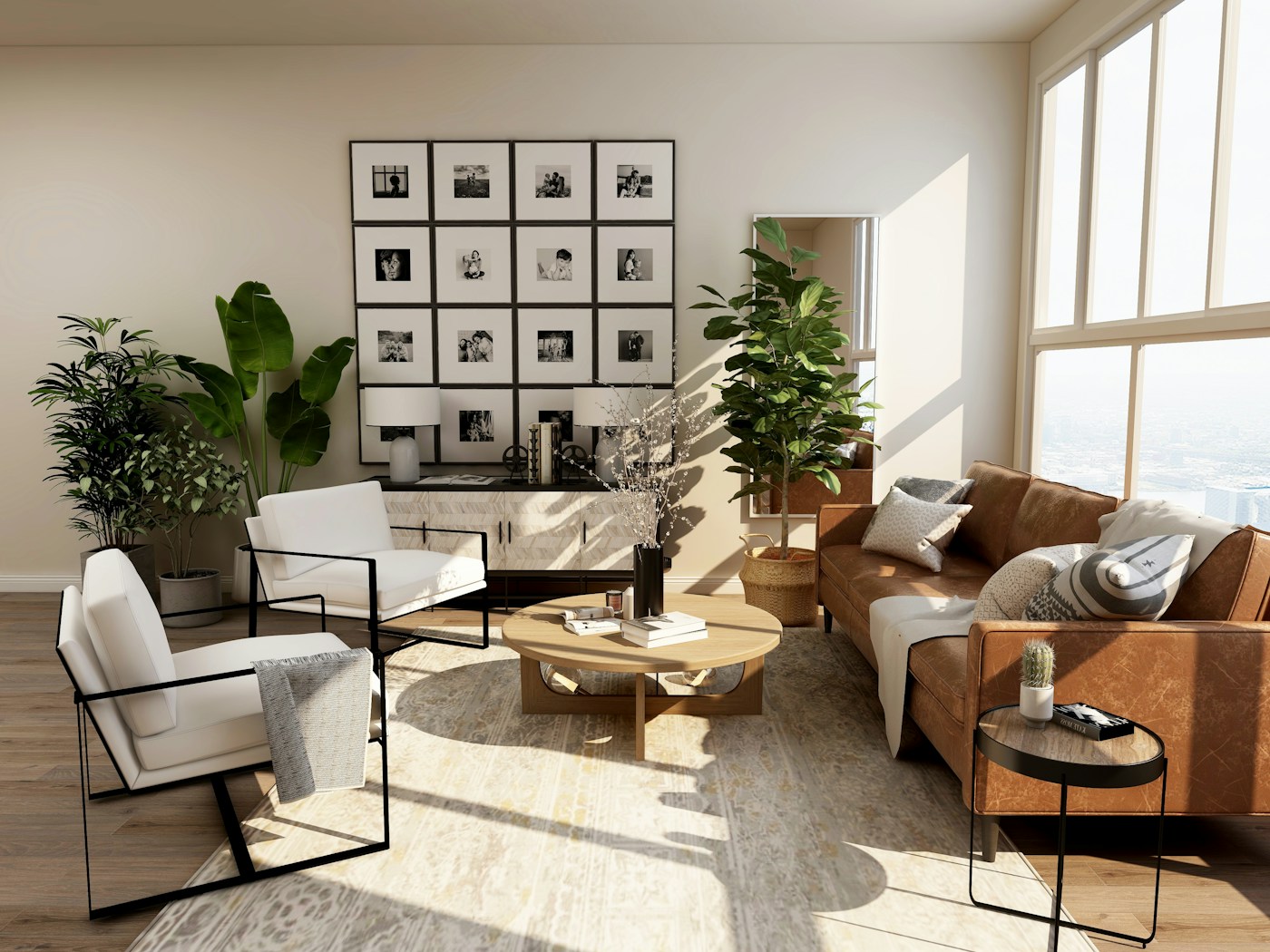A hospitality lounge with natural materials and garden views